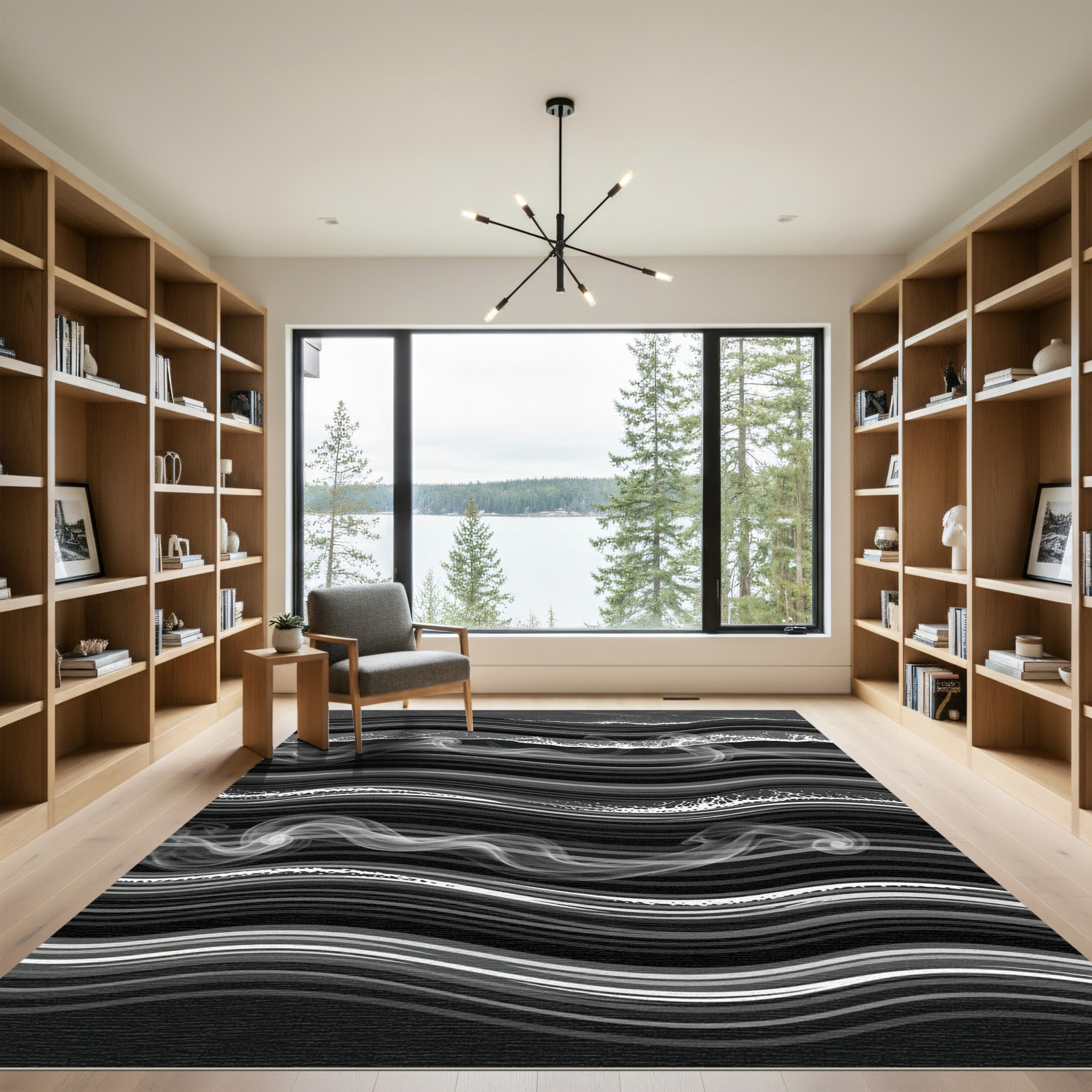 Monochrome Abstract Wavy Smoke Stream Rug