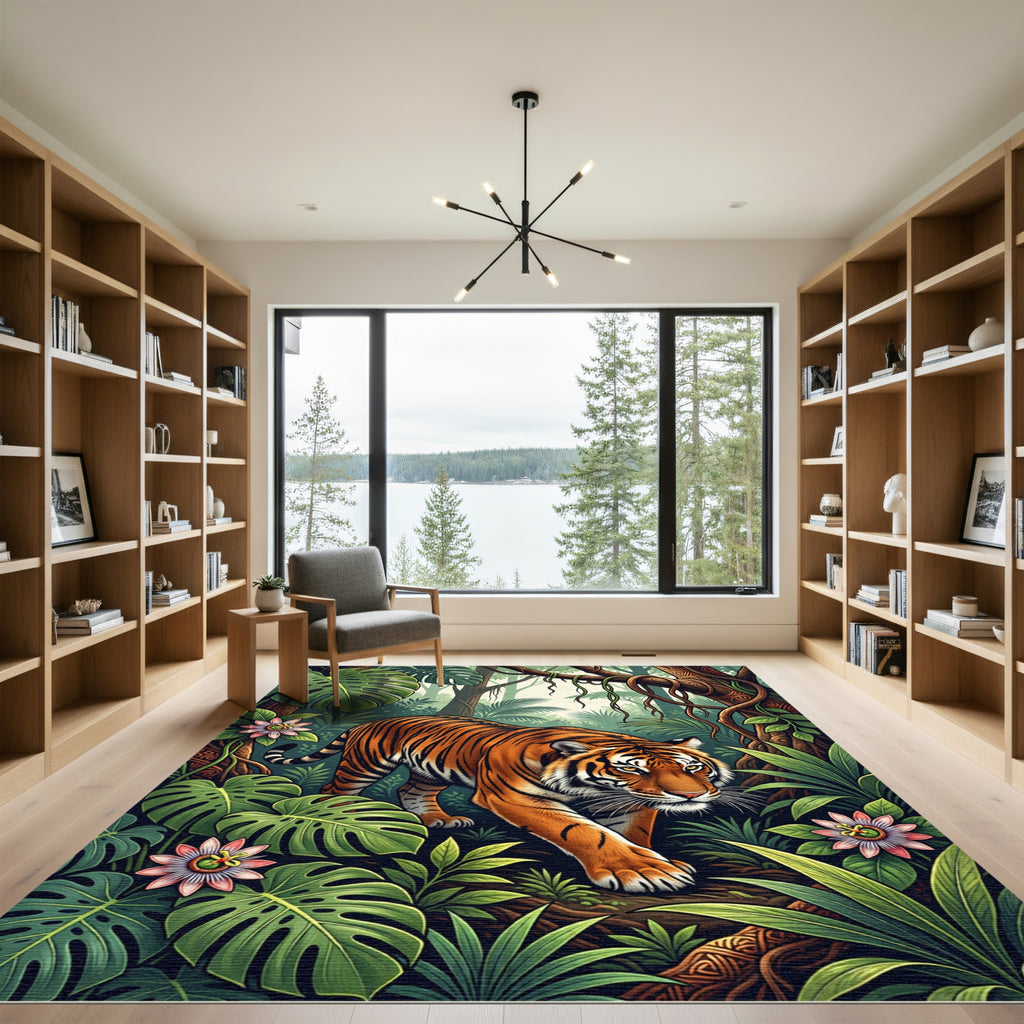 Vibrant Orange Tiger Lush Tropical Jungle Rug
