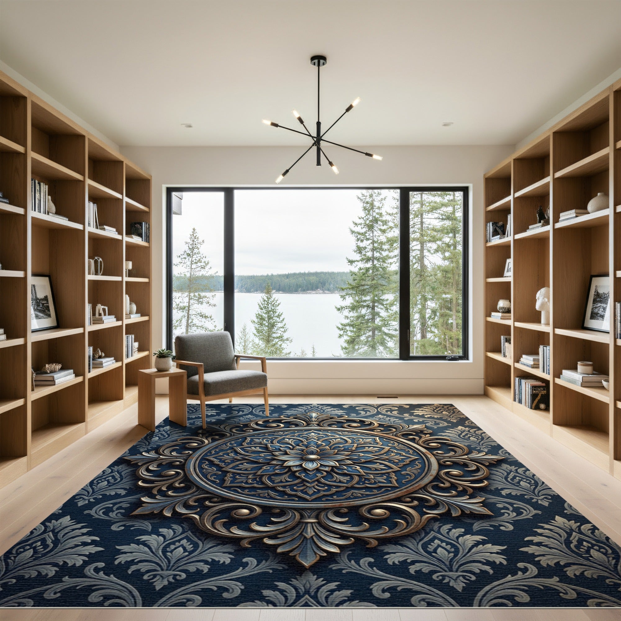 Ornate Navy Gold Damask Medallion Rug