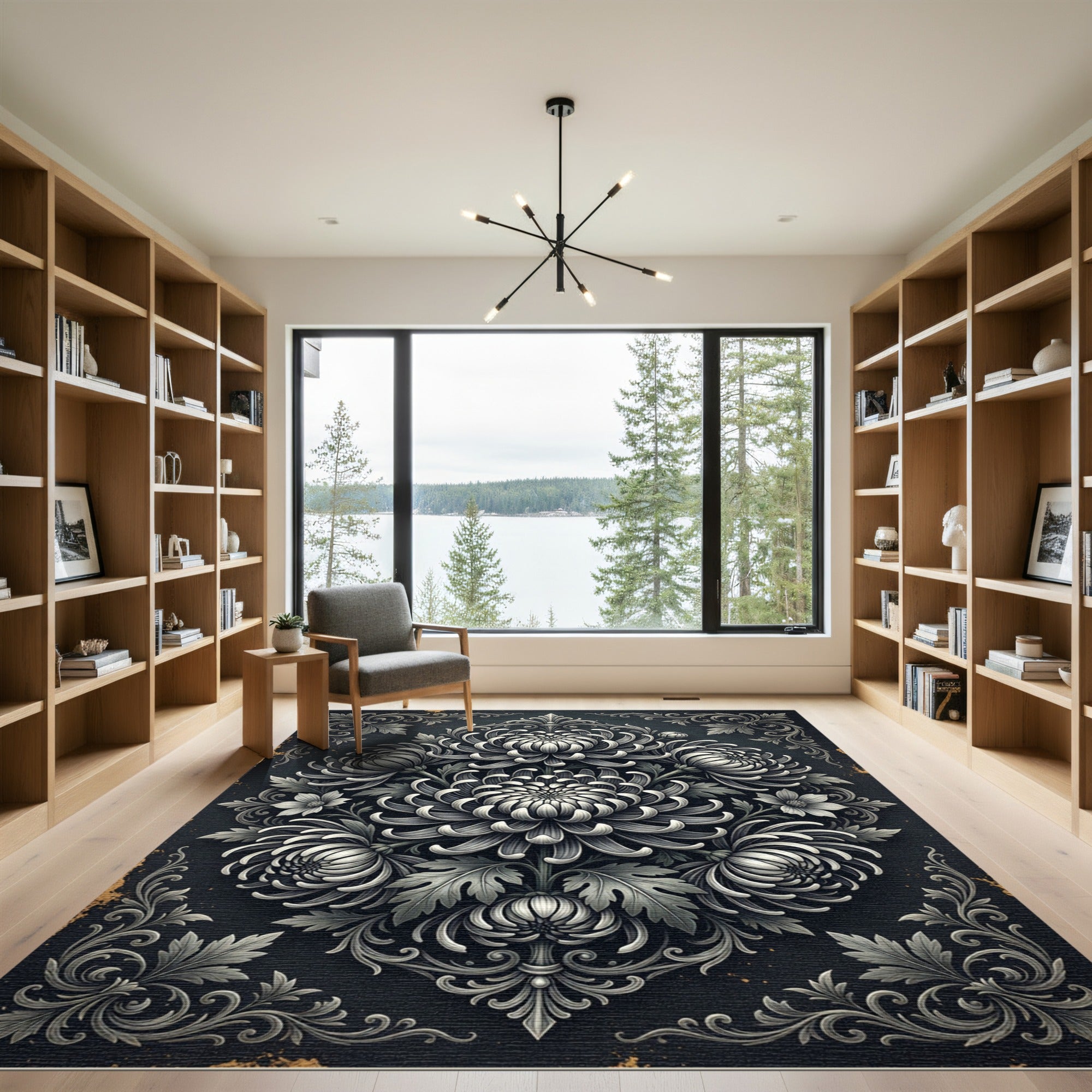 Monochromatic Chrysanthemum Floral Damask Medallion Rug