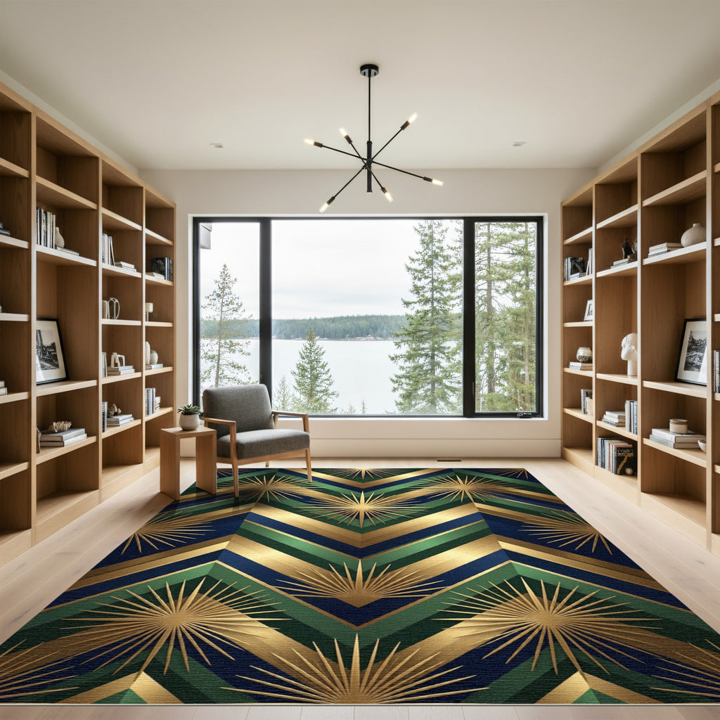 Art Deco Emerald Gold Sunburst Geometric Rug