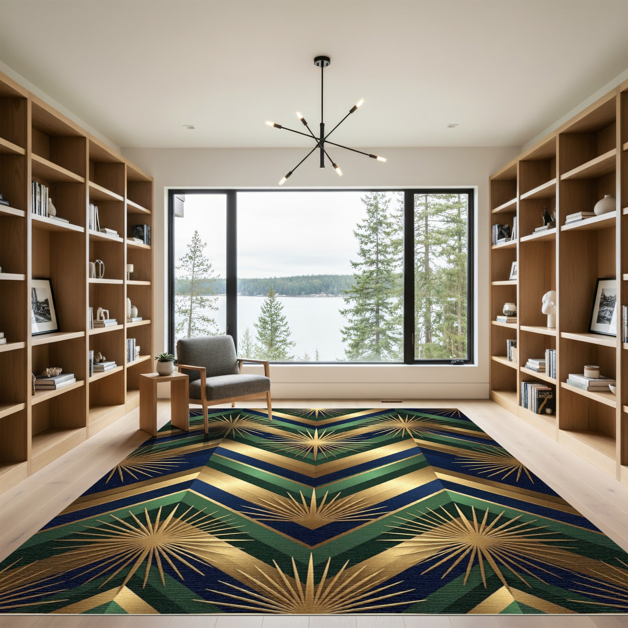 Art Deco Emerald Gold Sunburst Geometric Rug