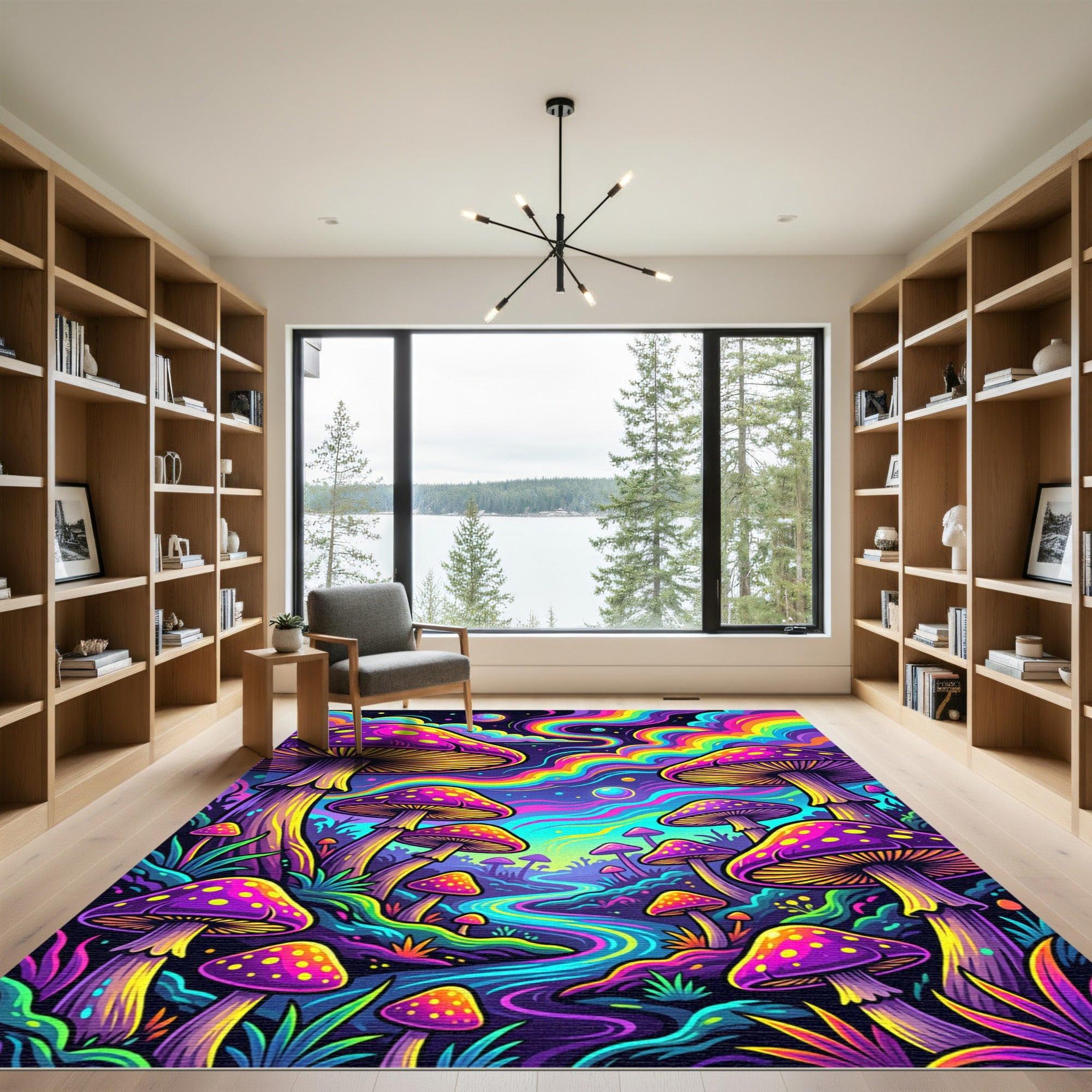 Vibrant Neon Mushroom Fantasy Landscape Rug