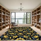 Elegant Gold Floral Vine Black Rug