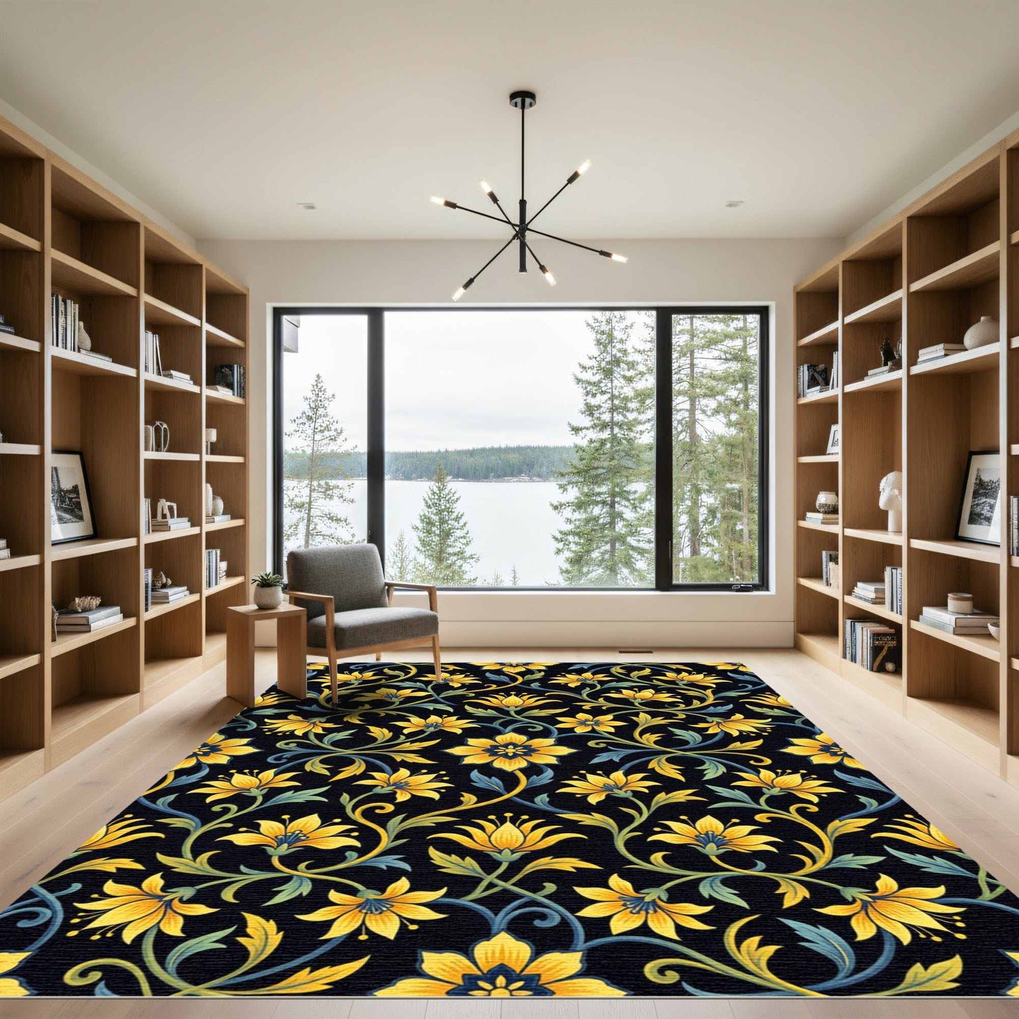 Elegant Gold Floral Vine Black Rug