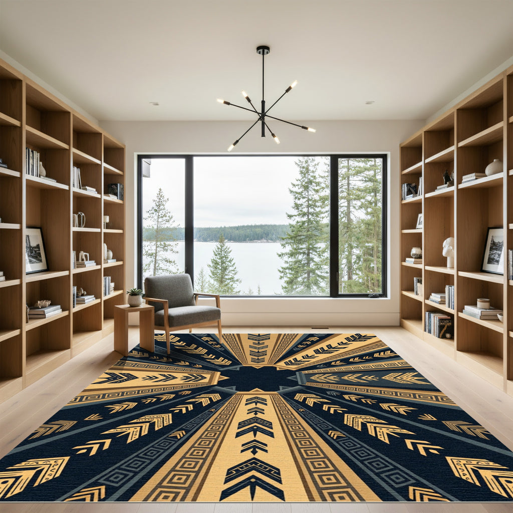 Golden Blue Tribal Sunburst Rug
