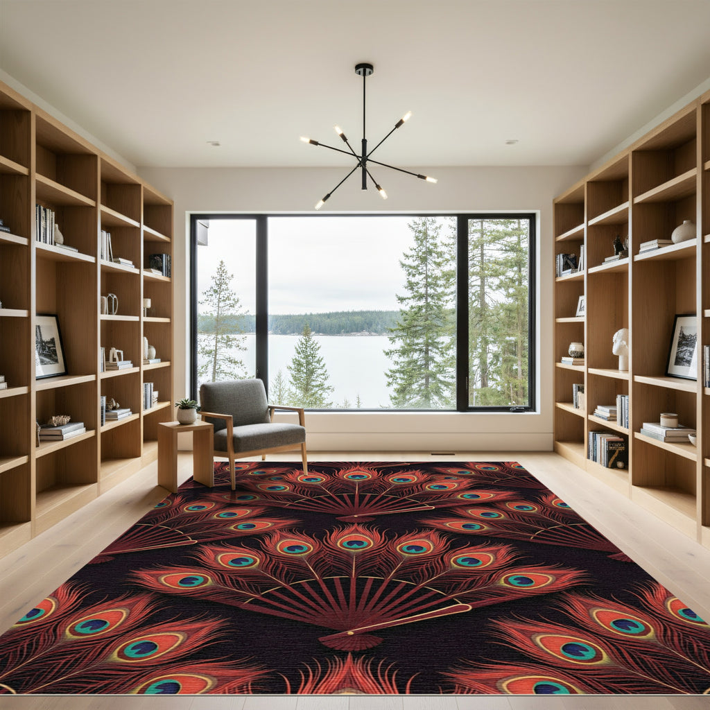 Crimson Peacock Fan Inlay Rug