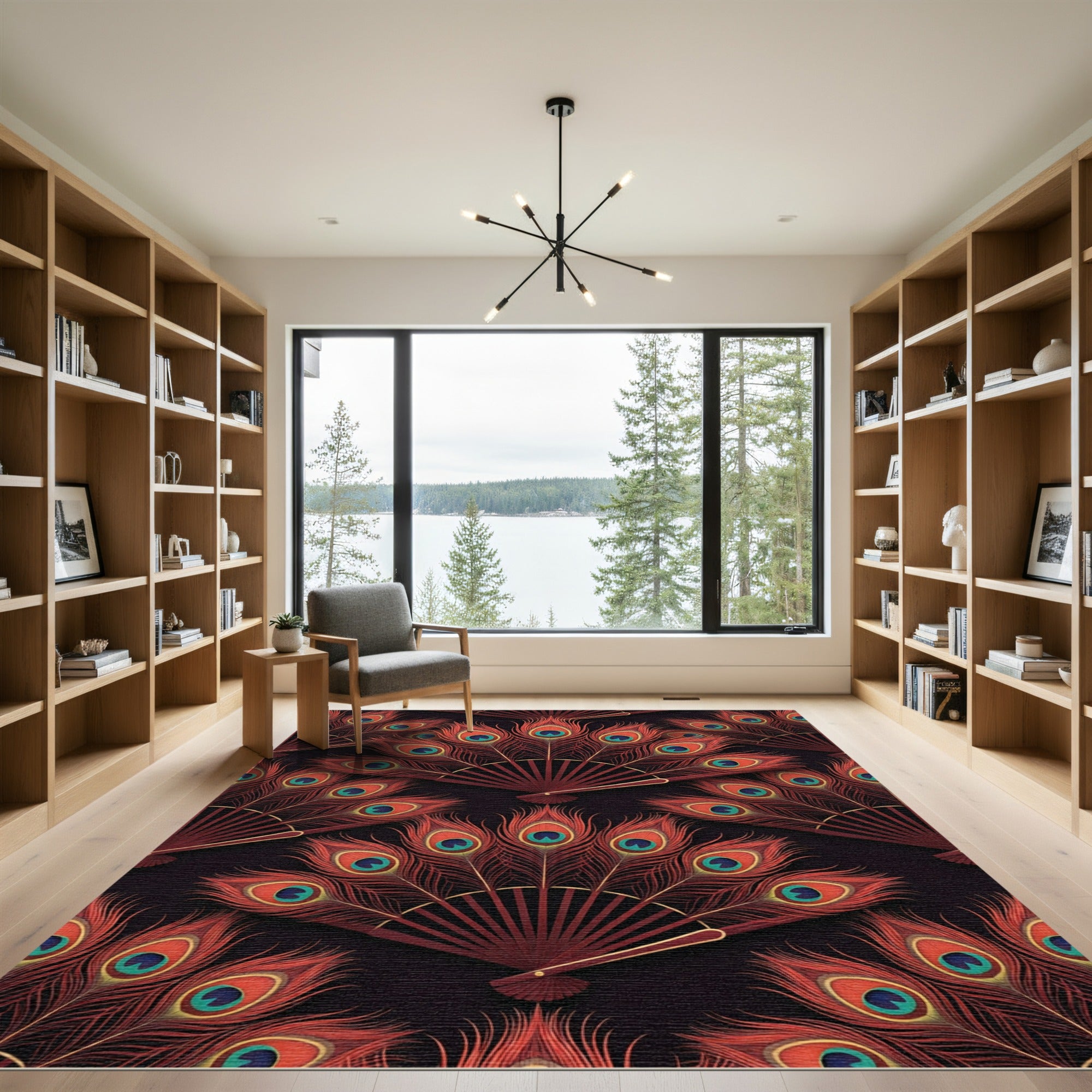 Crimson Peacock Fan Inlay Rug