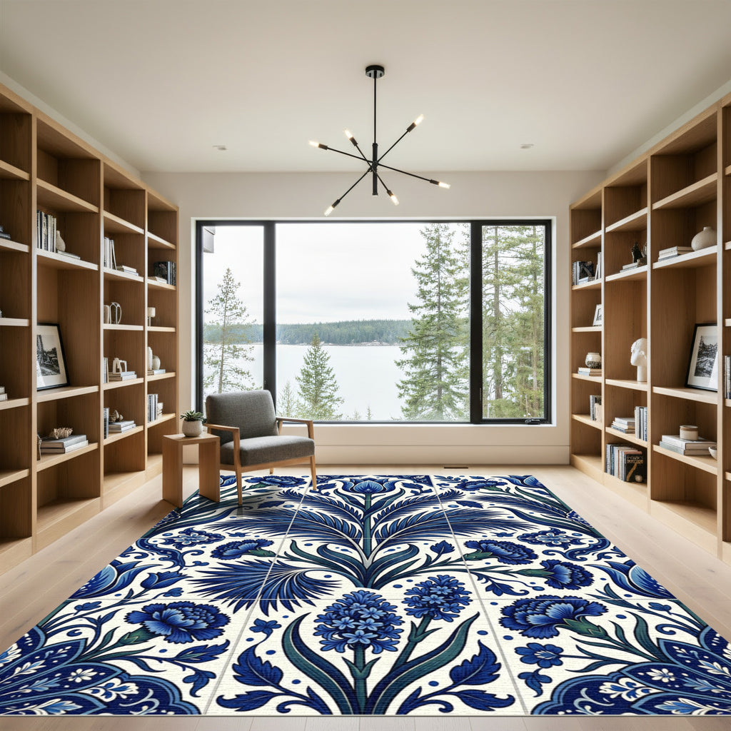 Rich Blue Floral Art Nouveau Rug