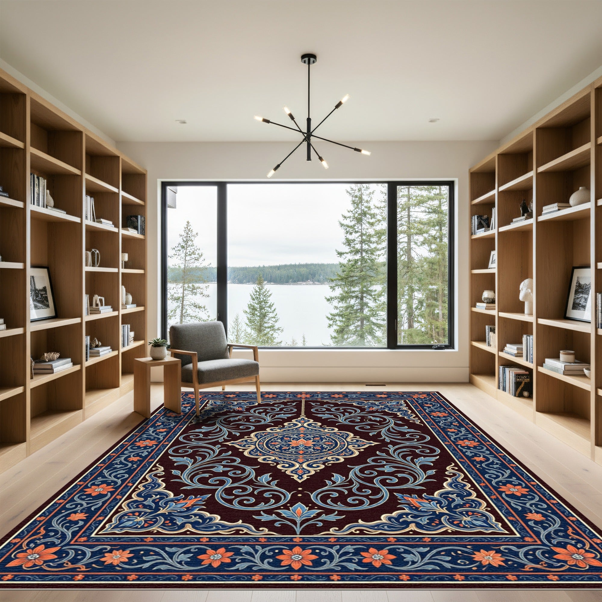 Ornate Indigo Floral Medallion Scroll Rug