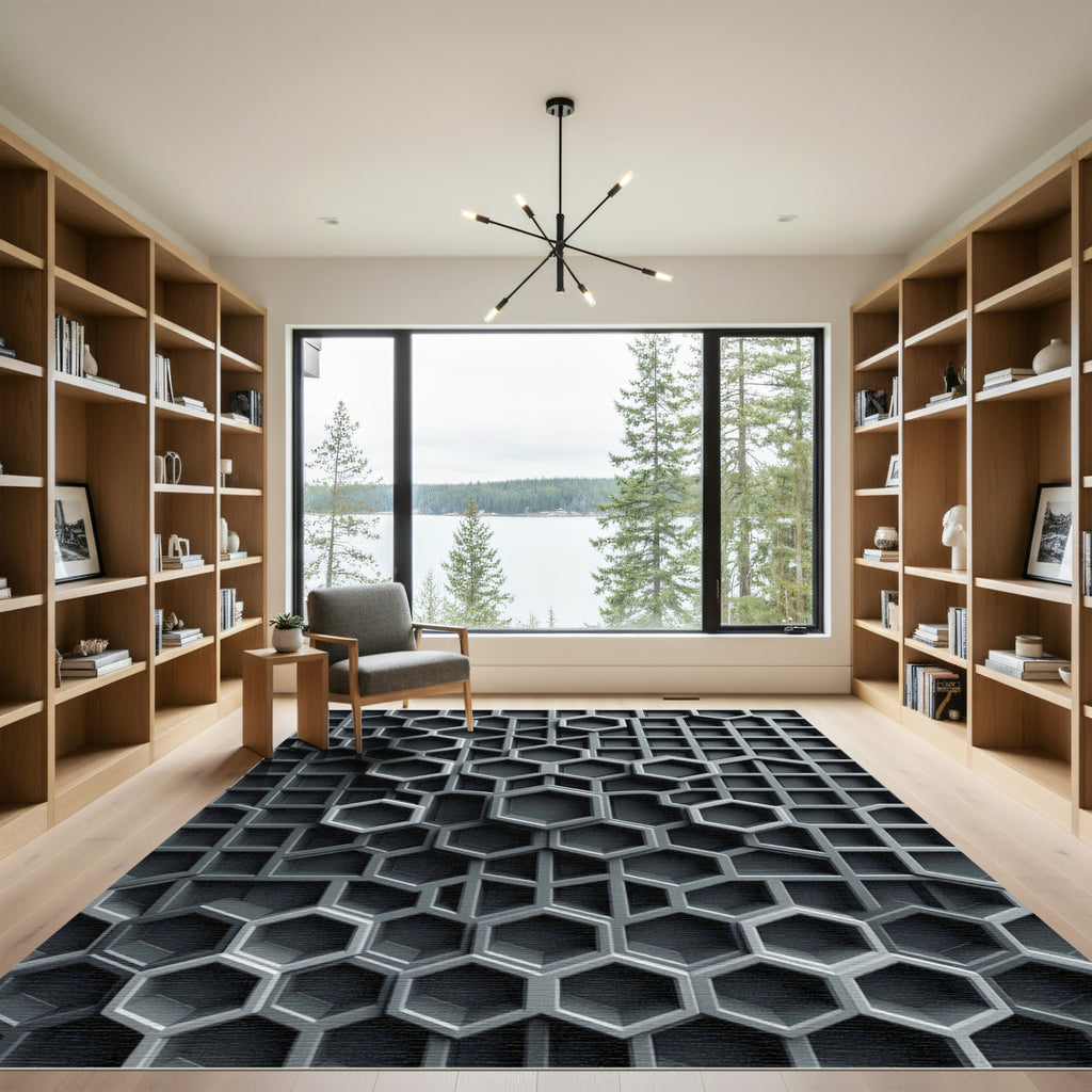 Sophisticated Slate Gray Geometric Hexagon Rug