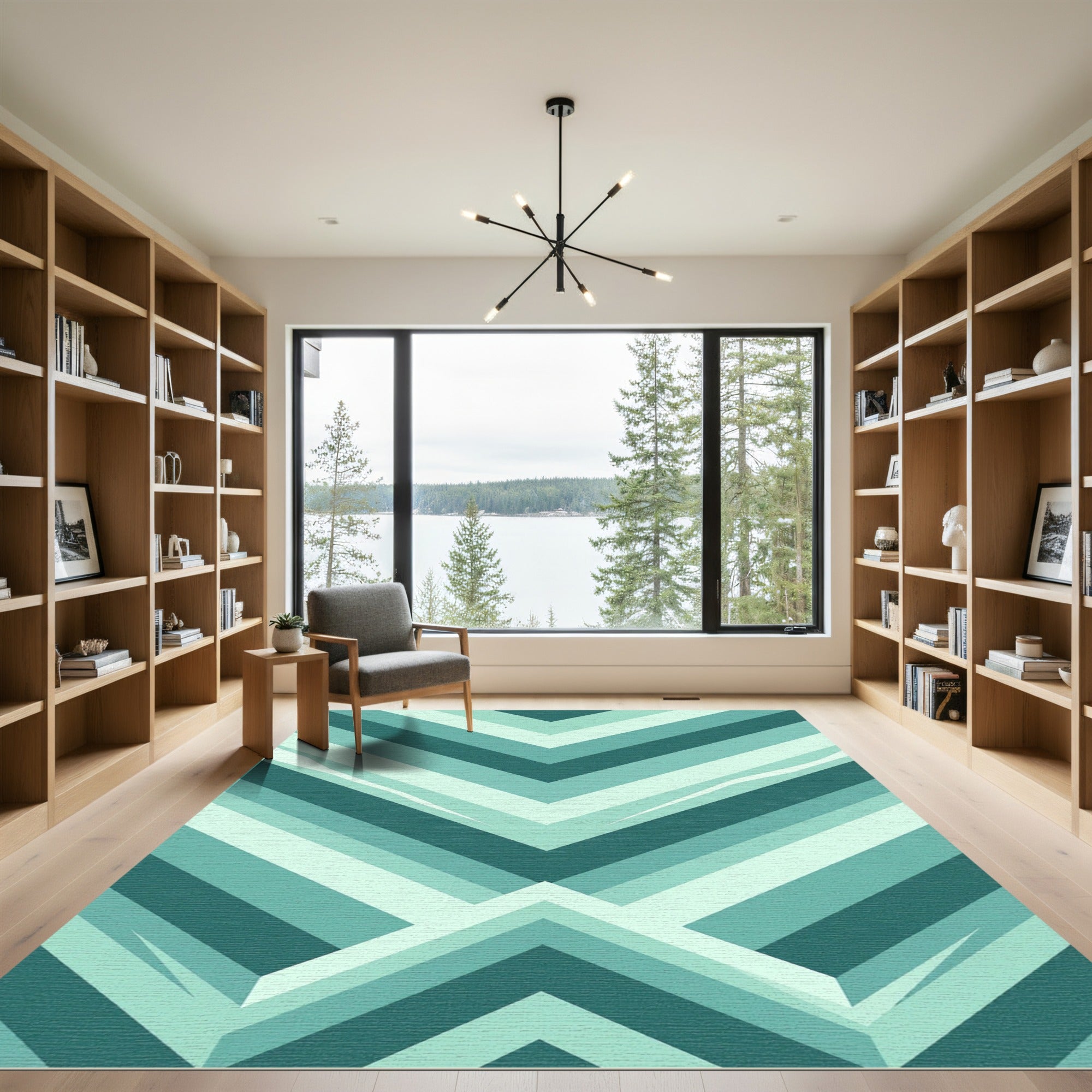 Teal Geometric Chevron Layered Rug