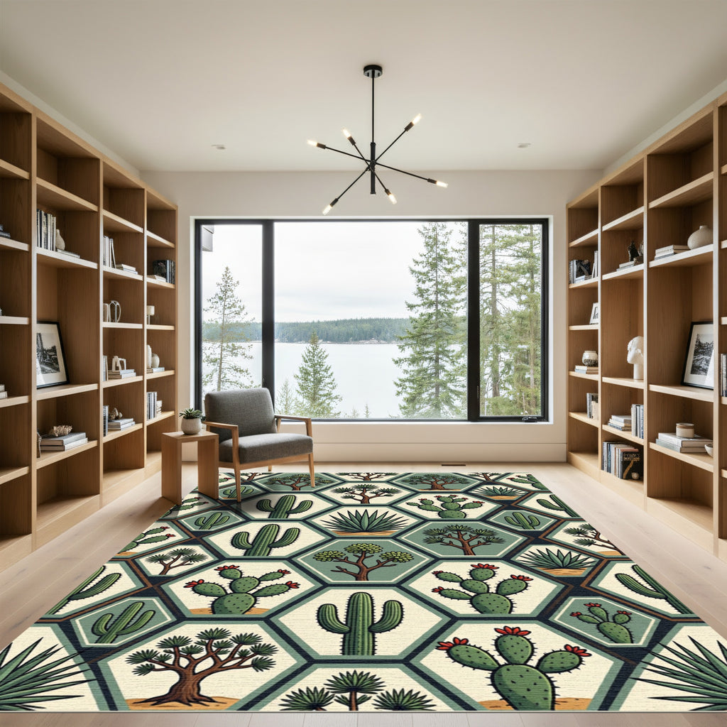 Sage Green Geometric Desert Cactus Tile Rug