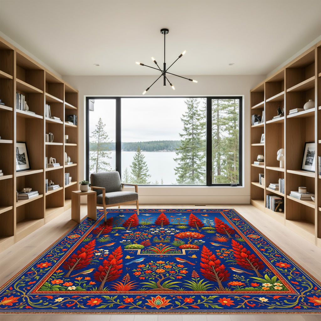 Vibrant Crimson Tree and Bird Garden Rug