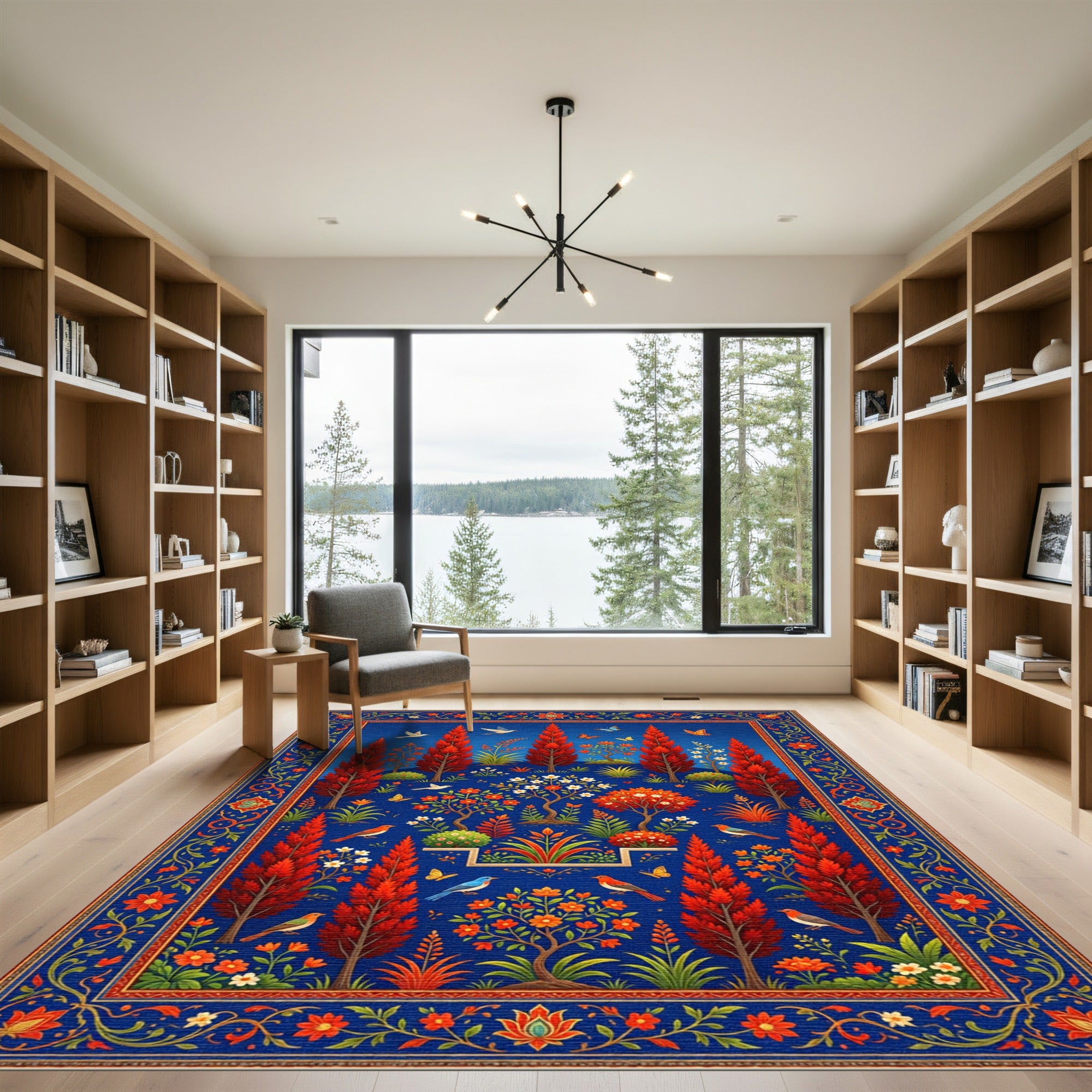 Vibrant Crimson Tree and Bird Garden Rug