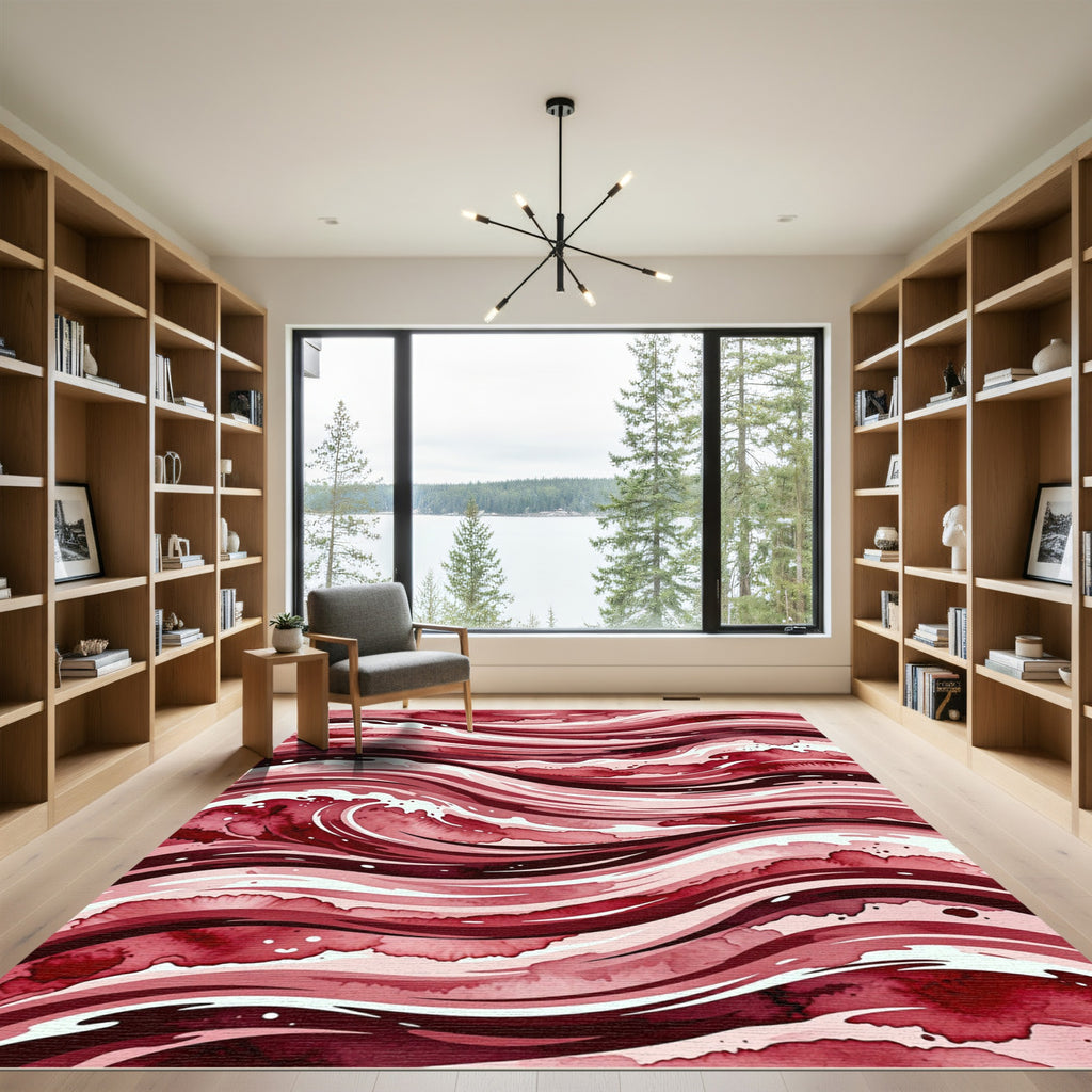 Crimson Watercolor Wave Abstract Rug