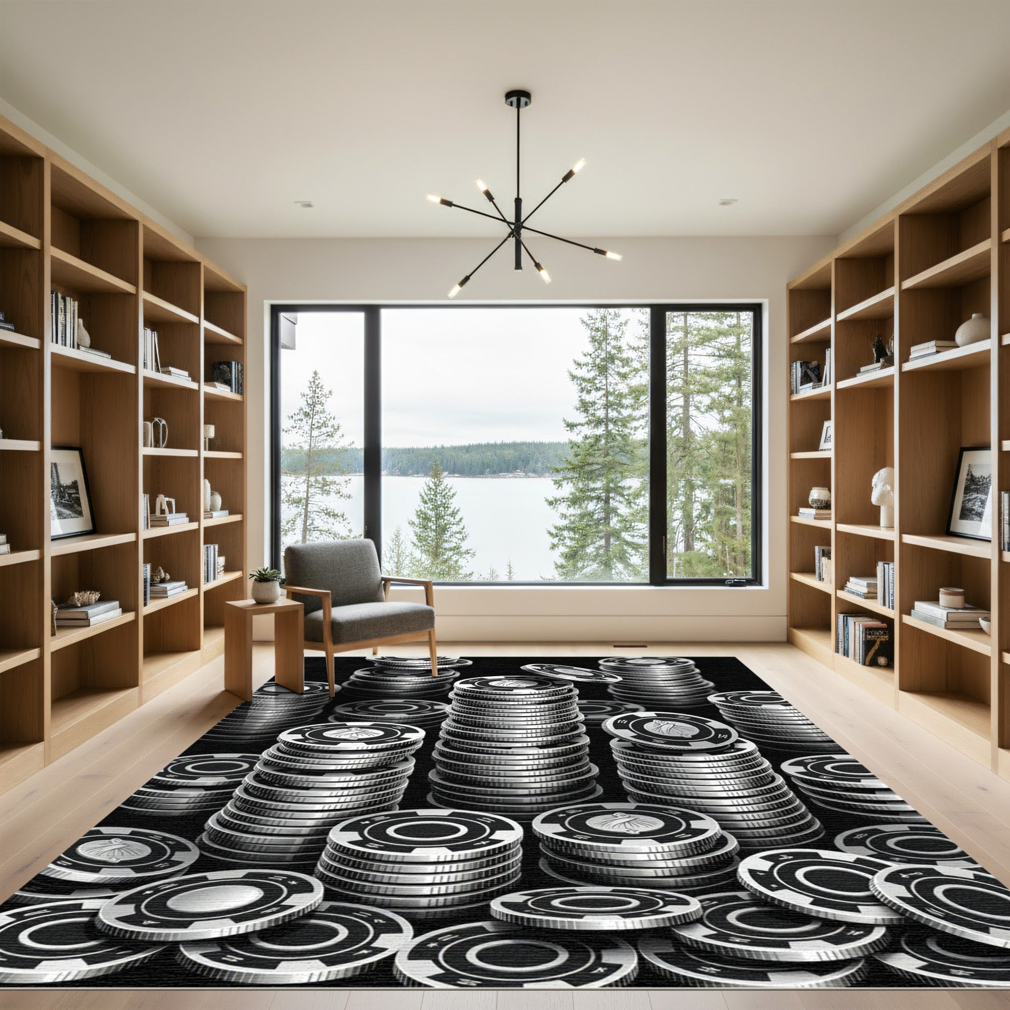 Monochrome Stacked Casino Token Geometric Rug