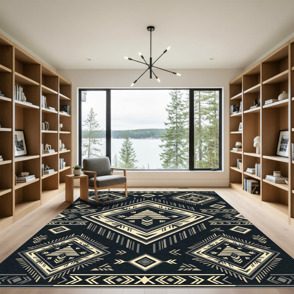 Geometric Black and Cream Tribal Diamond Rug