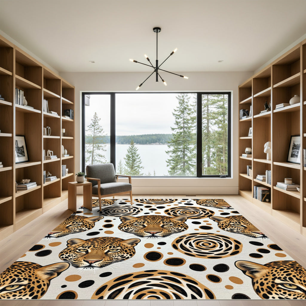Leopard Faces Swirl Dots Composition Rug