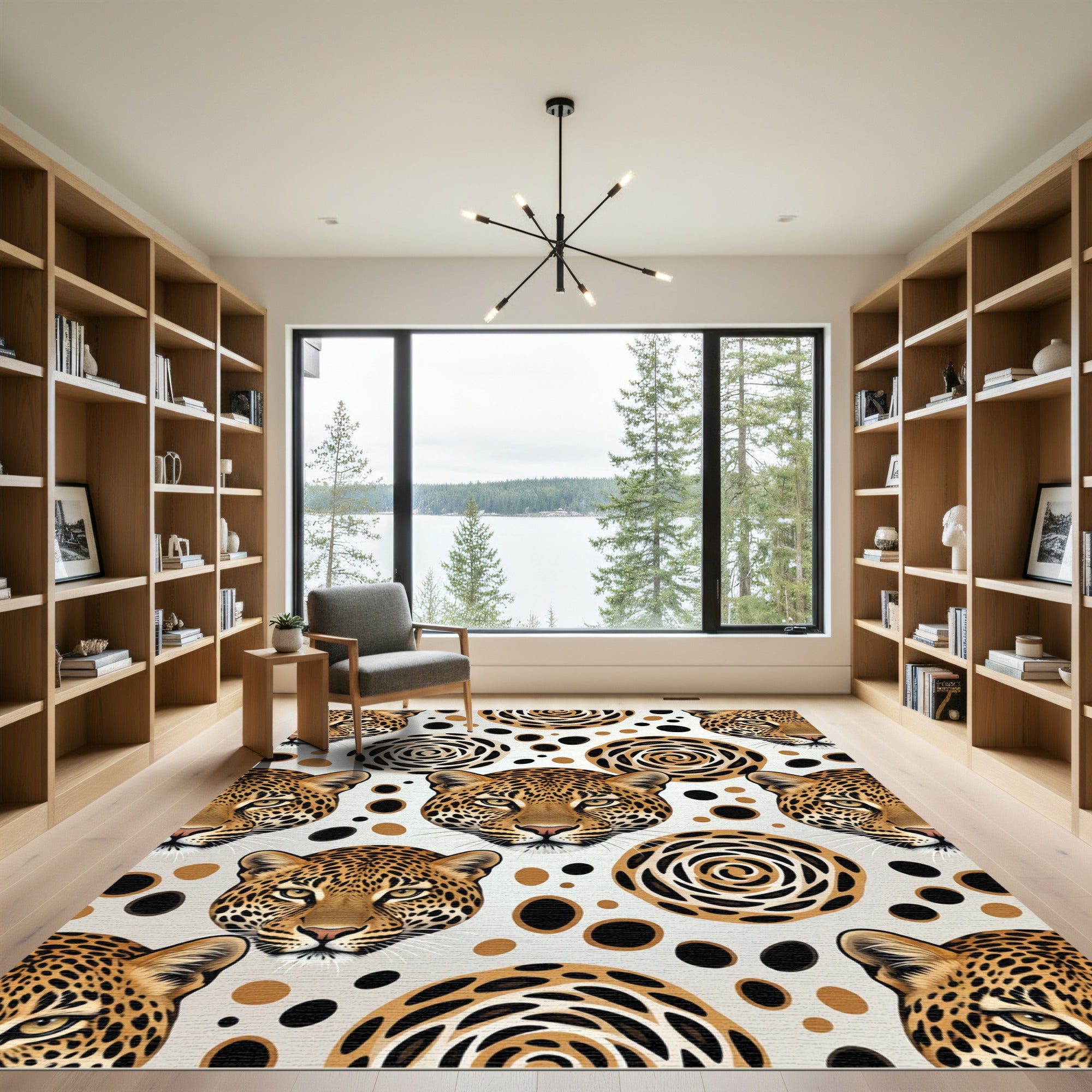 Leopard Faces Swirl Dots Composition Rug