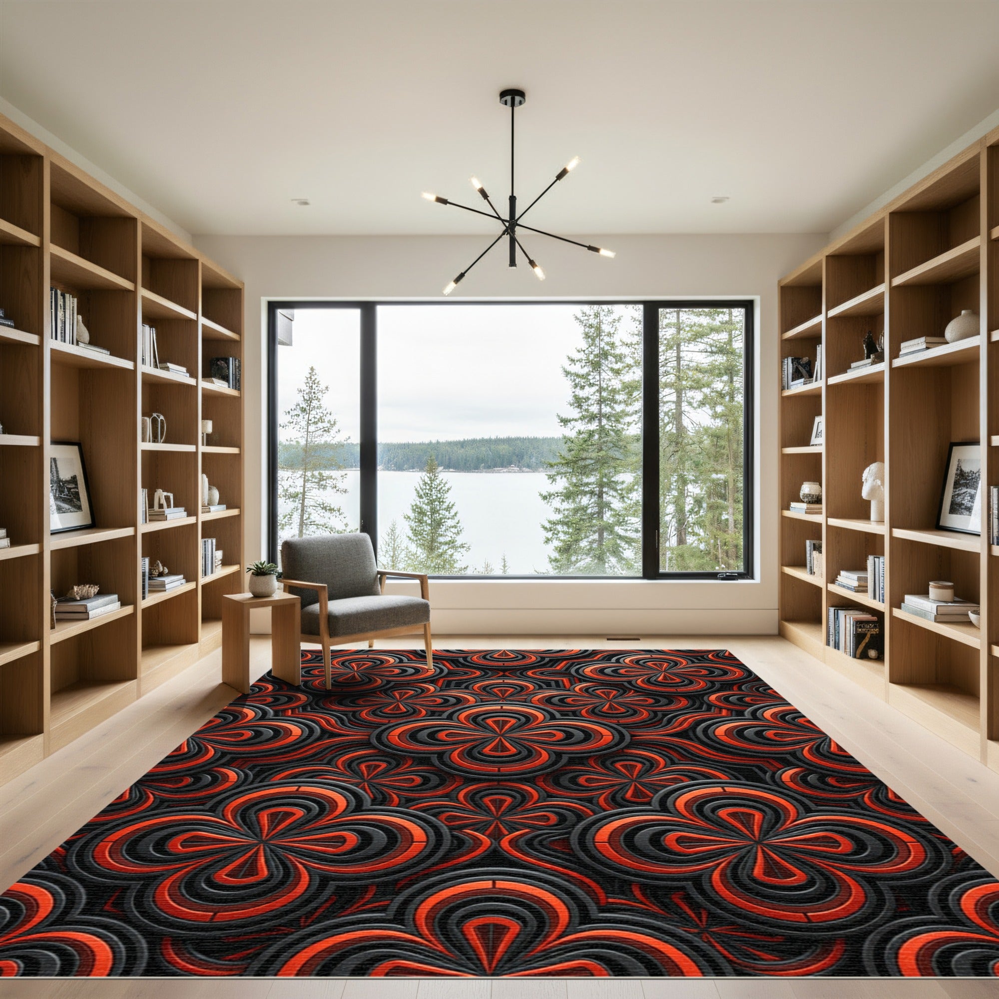 Modern Crimson Black Interlocking Floral Rug