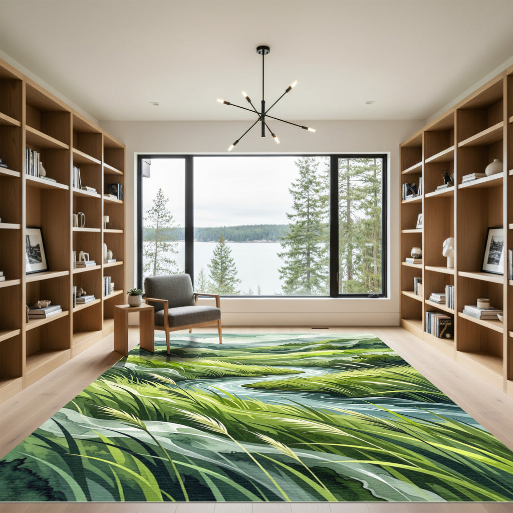 Verdant Hills Winding River Landscape Rug