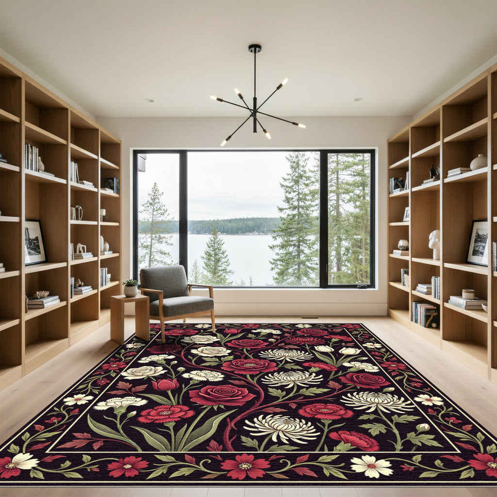 Rich Crimson Floral Garden Botanical Rug