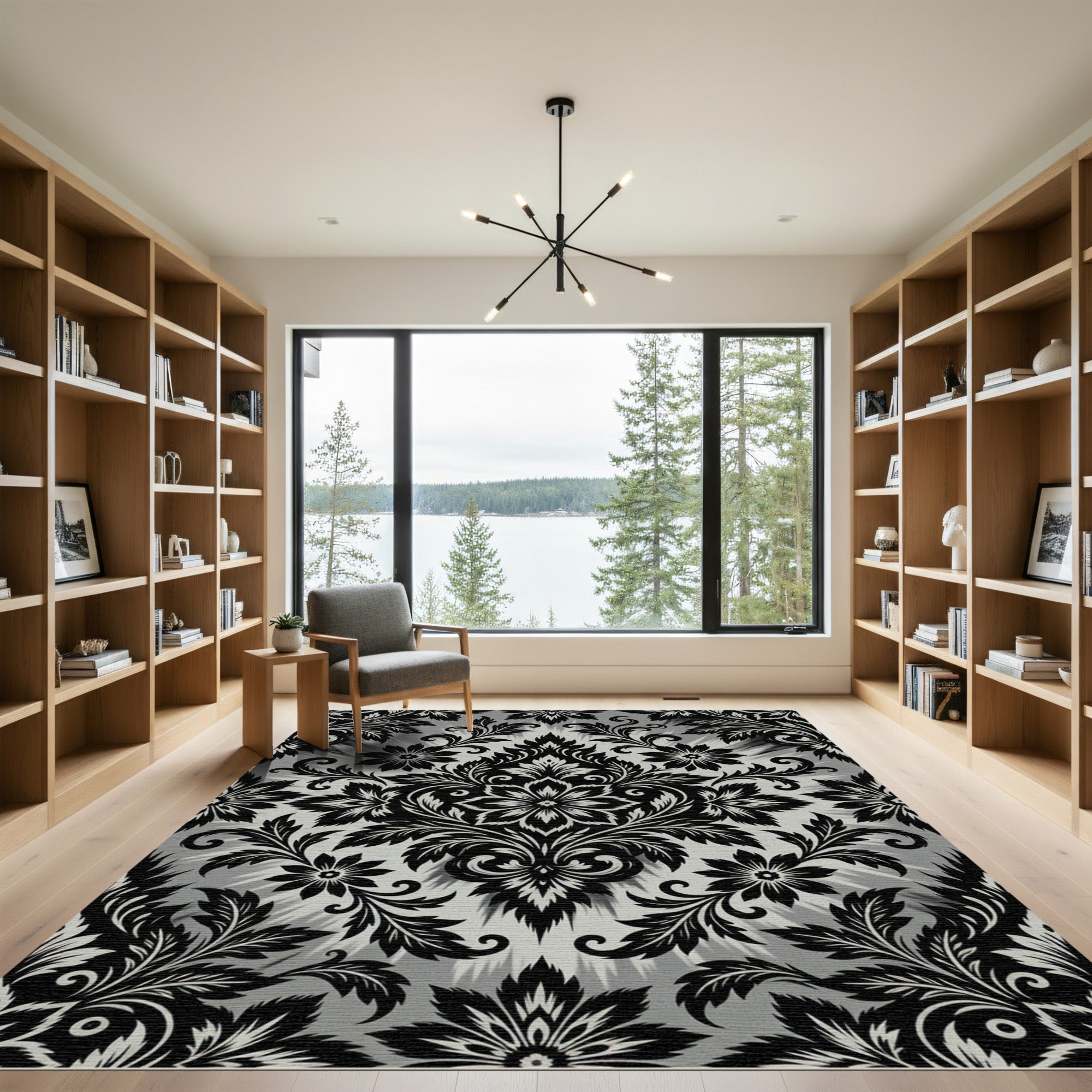 Black and White Floral Damask Swirls Rug