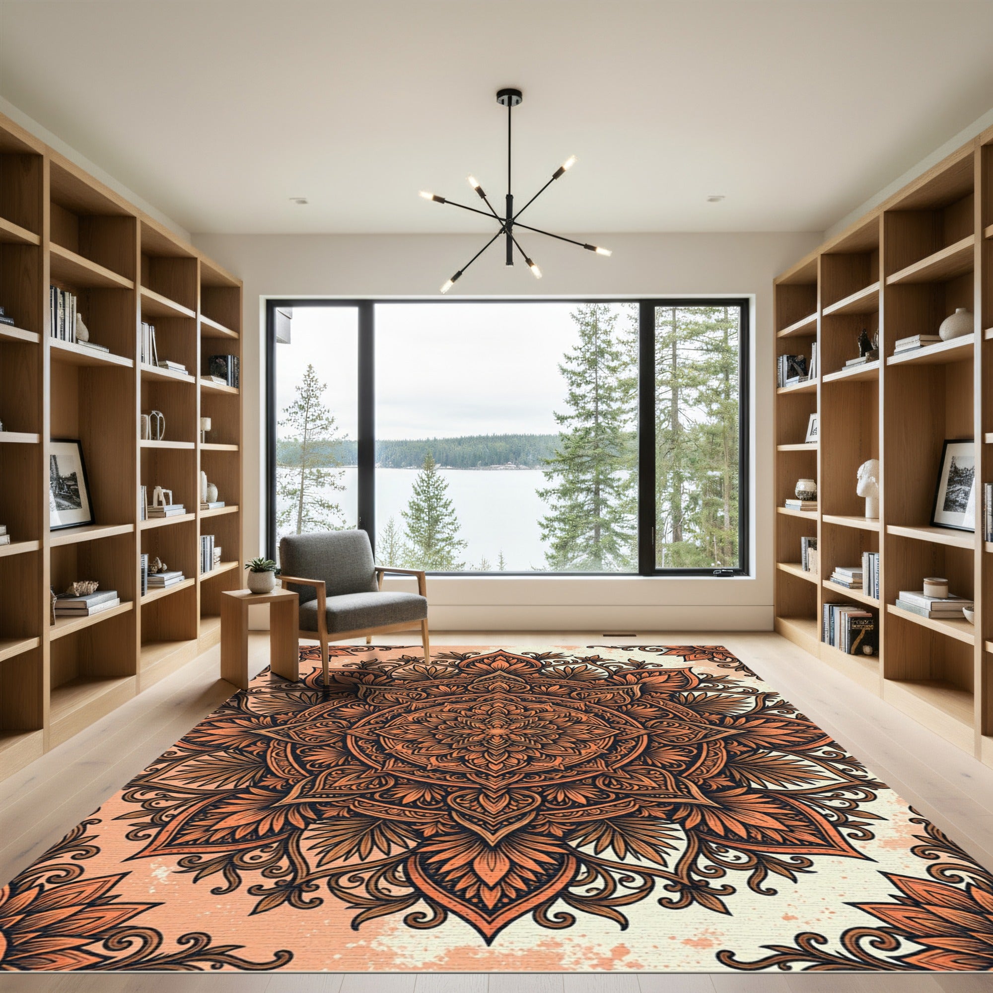 Intricate Terracotta Floral Mandala Medallion Rug