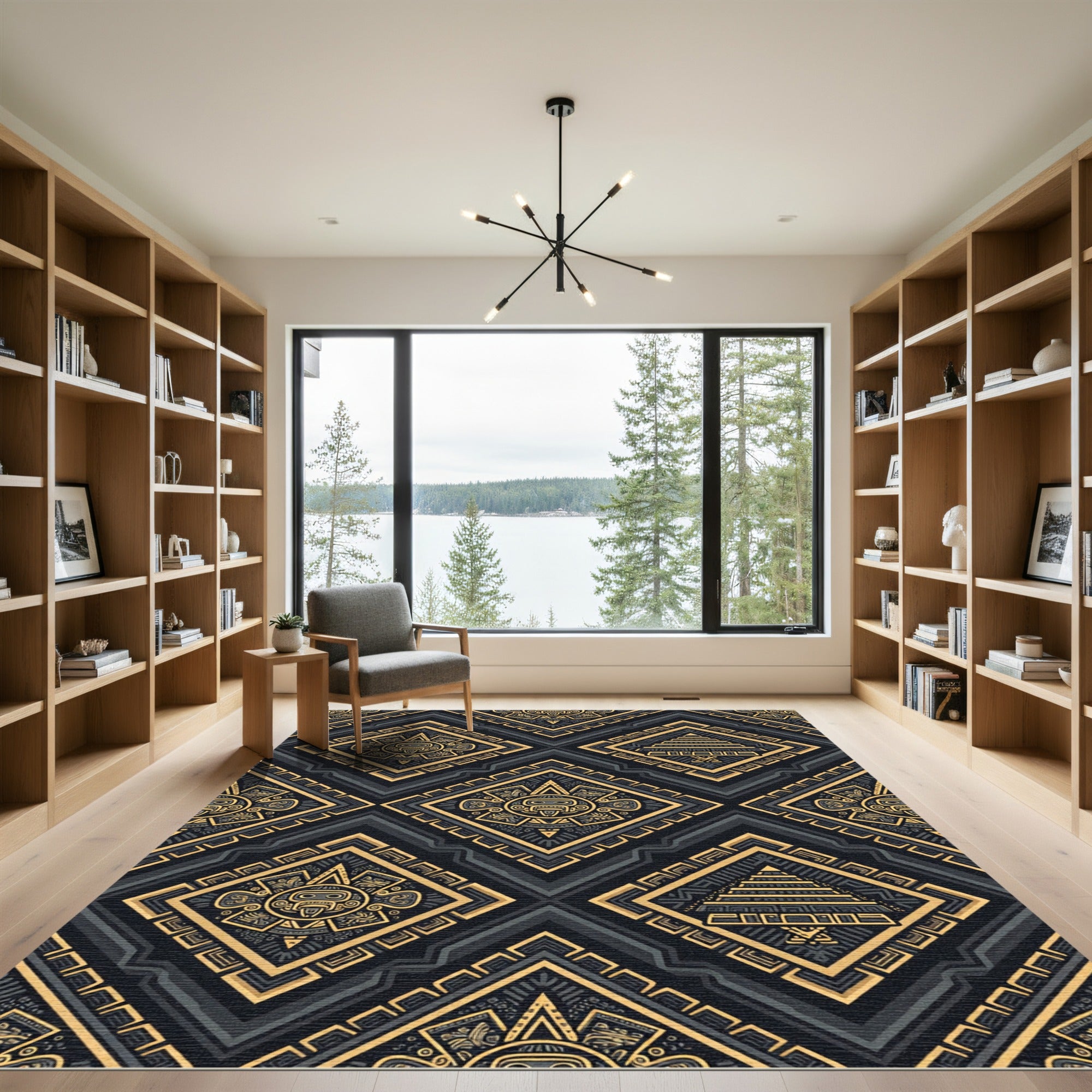 Aztec Golden Sun Pyramid Geometric Coal Rug