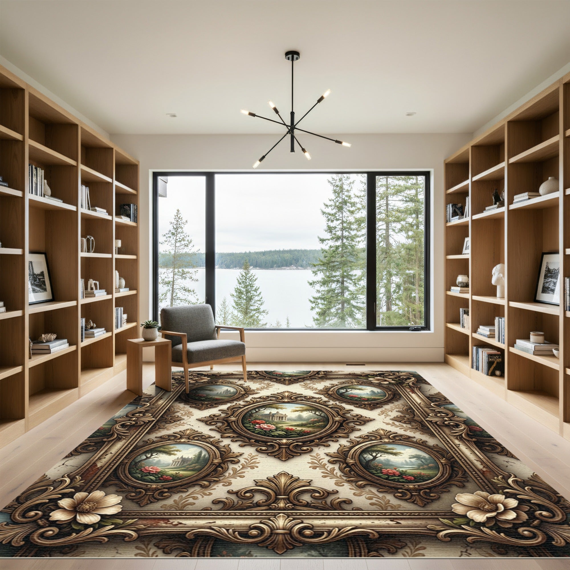 Ornate Floral Landscape Oval Frames Rug
