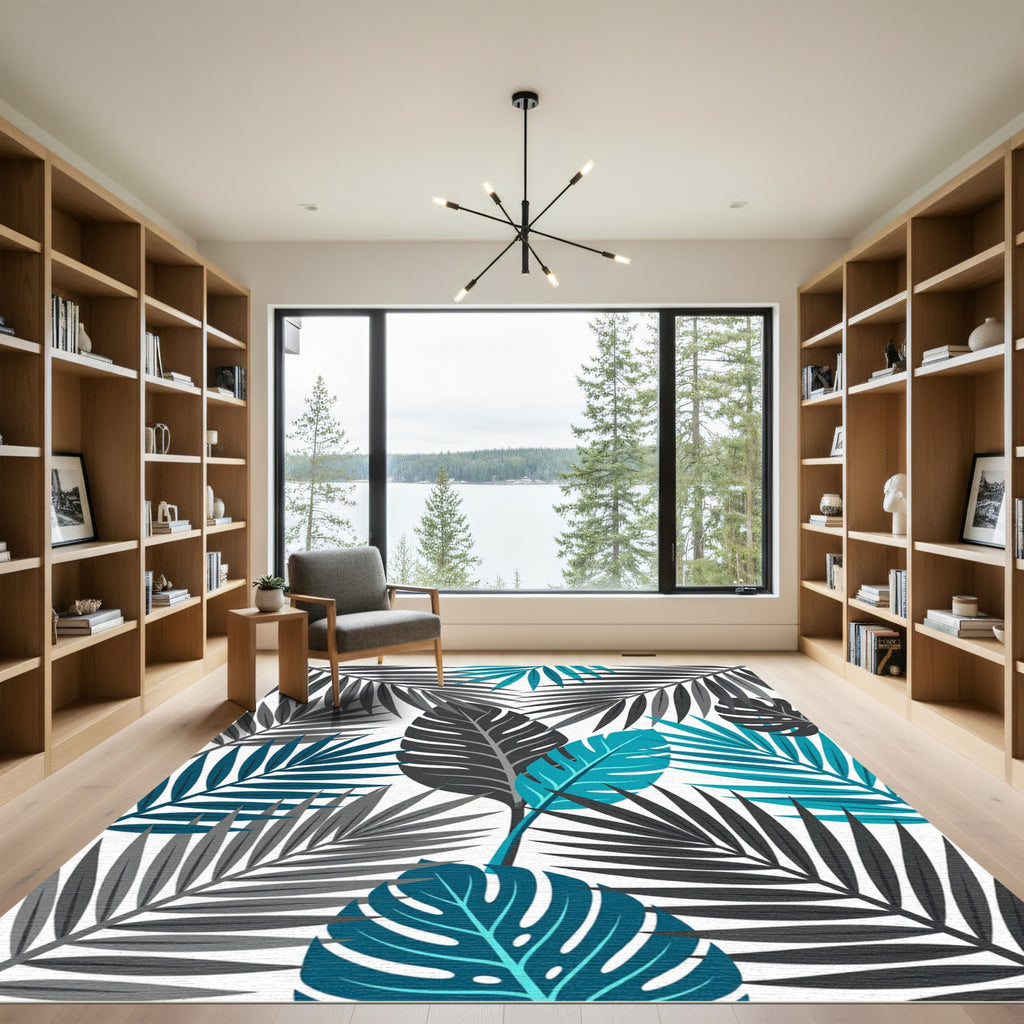 Modern Teal and Charcoal Tropical Foliage Rug