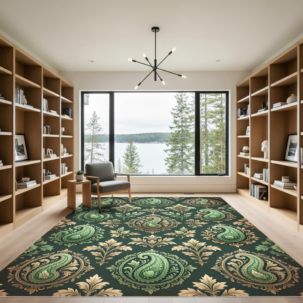 Elegant Emerald Paisley Damask Leaf Rug
