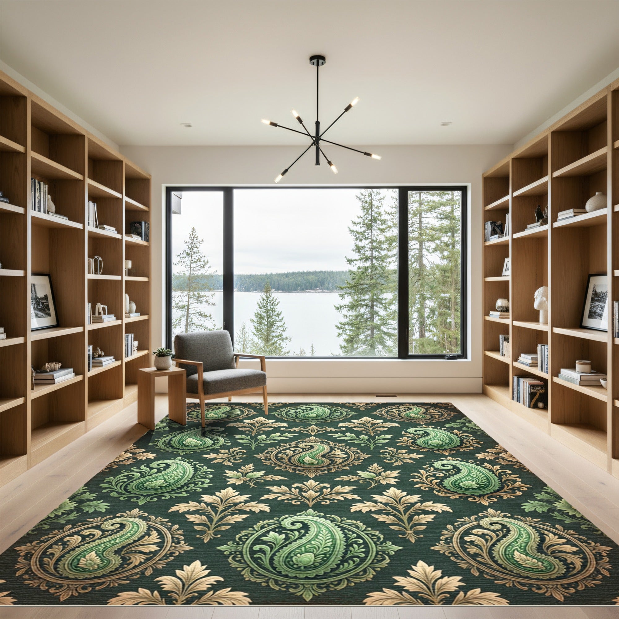 Elegant Emerald Paisley Damask Leaf Rug