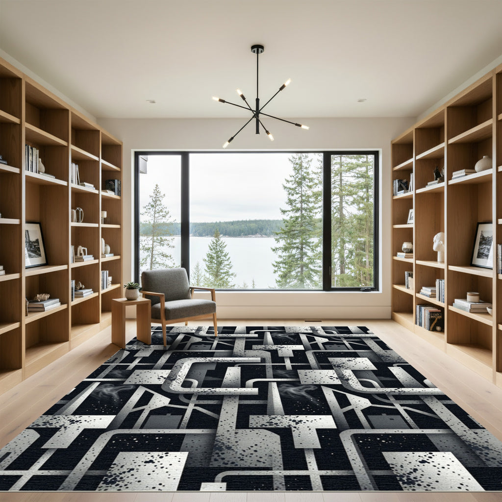 Monochromatic Industrial Pipe Geometric Art Rug
