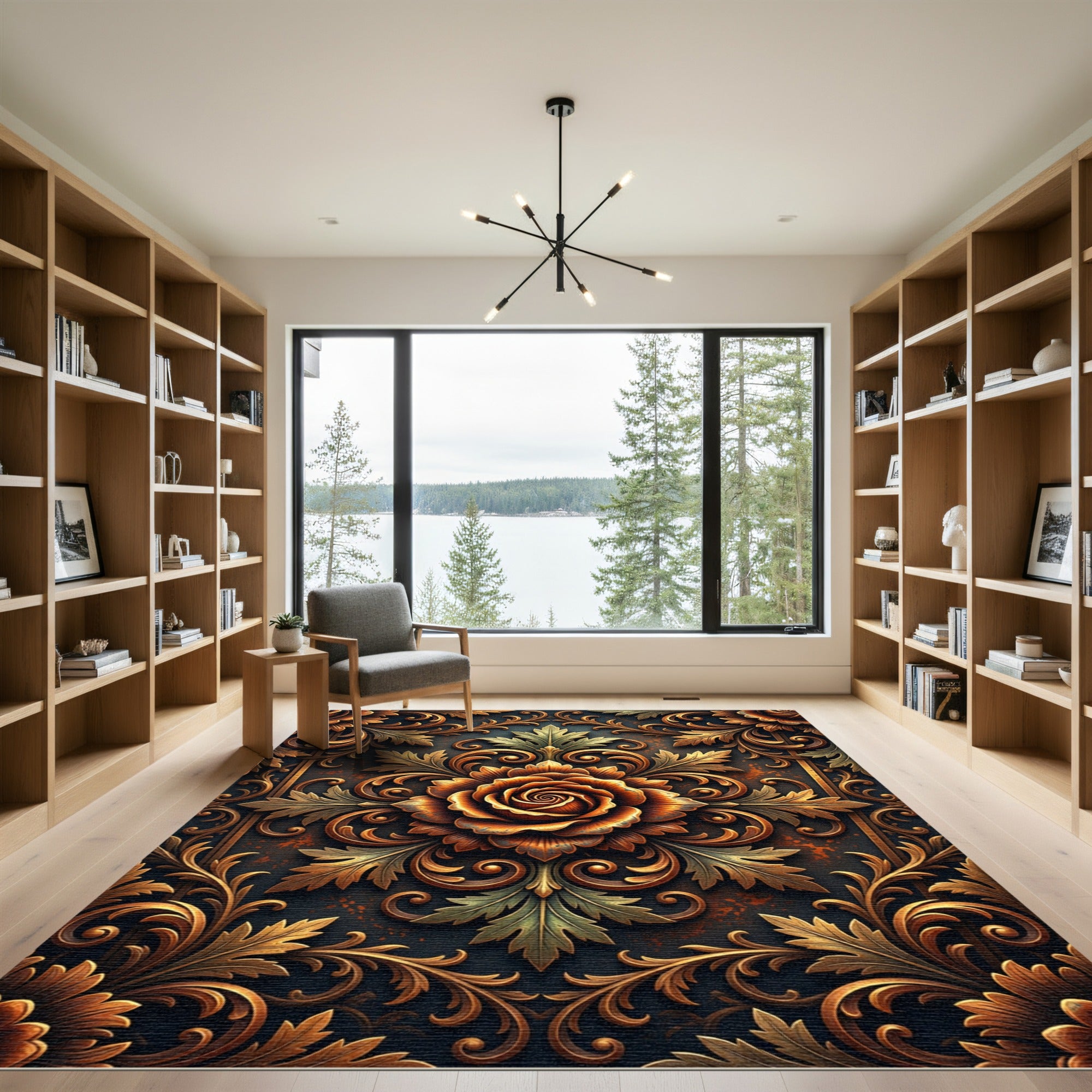 Gilded Bronze Rose Floral Scrollwork Rug