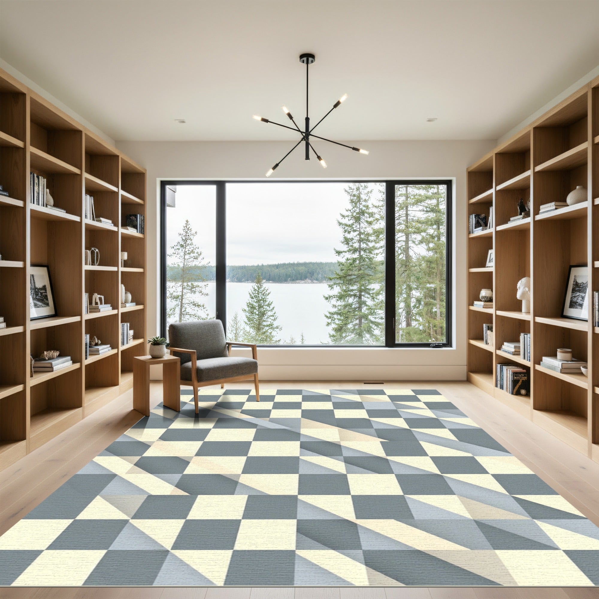 Pale Gray Cream Checkered Geometric Overlay Rug