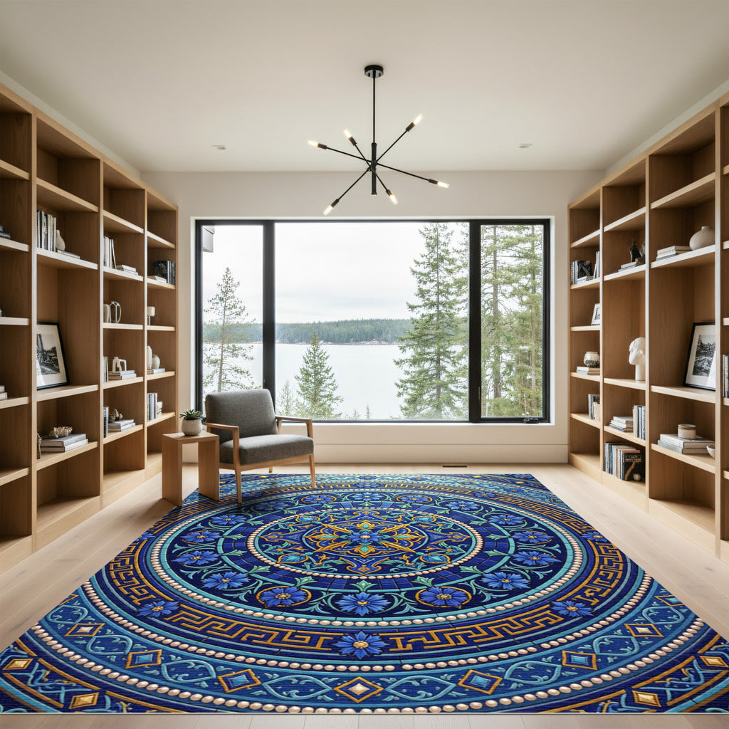 Deep Blue Golden Floral Circular Medallion Rug