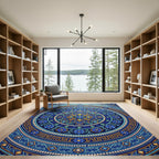 Deep Blue Golden Floral Circular Medallion Rug