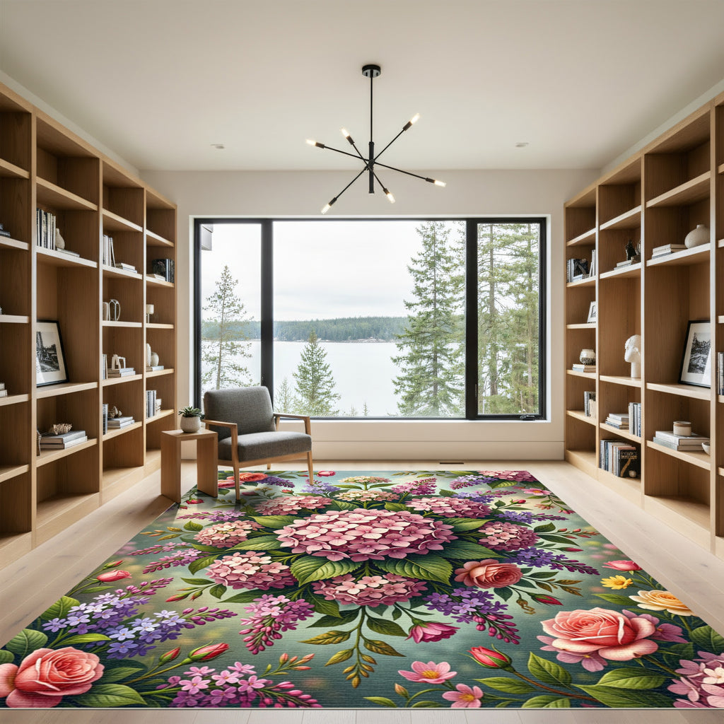 Vibrant Pink Hydrangea Lilac Garden Bouquet Rug