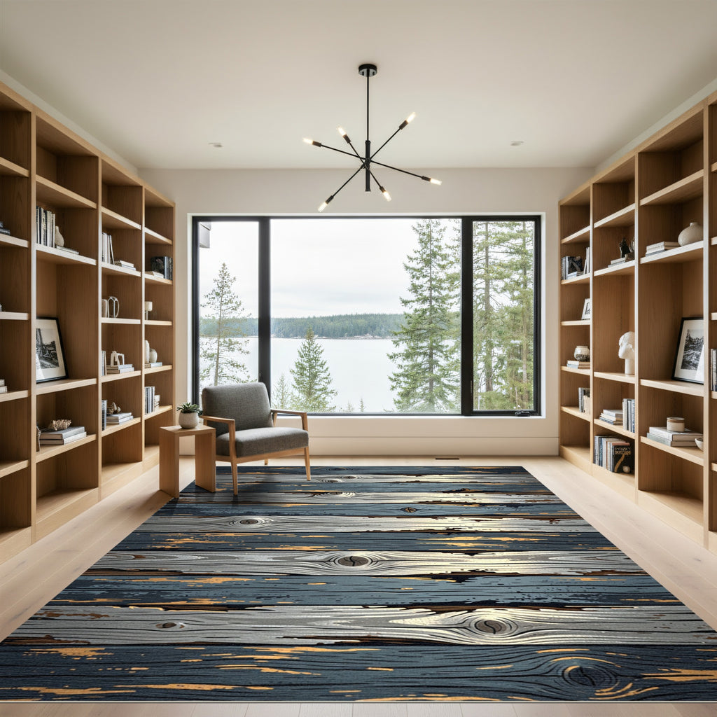 Weathered Navy and White Planks Rug