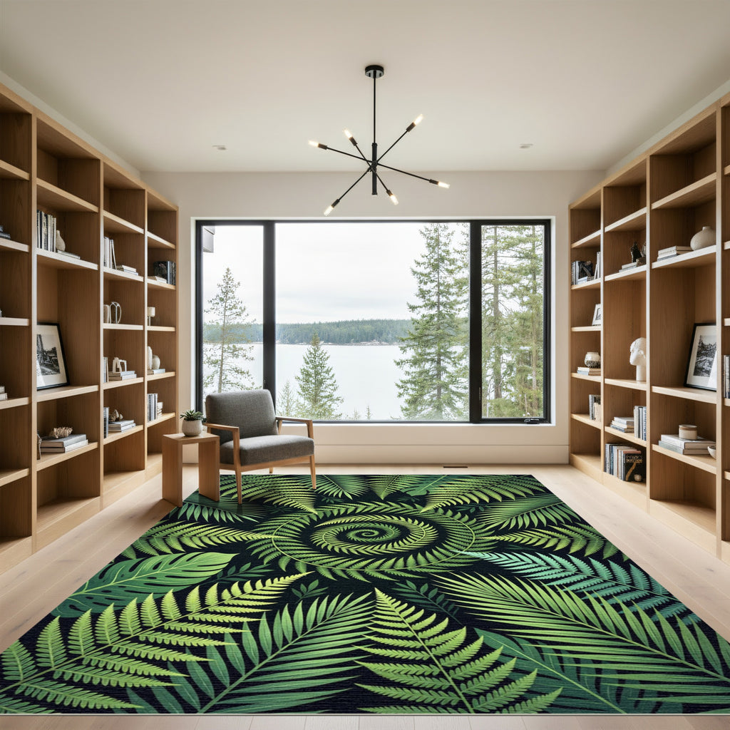 Lush Green Tropical Spiral Fern Rug