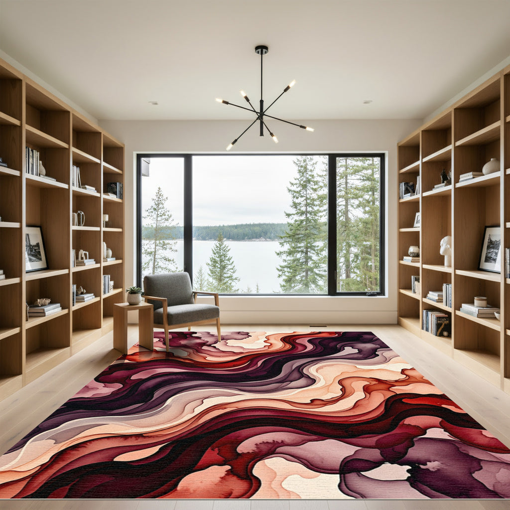Fluid Crimson and Burgundy Abstract Swirl Rug
