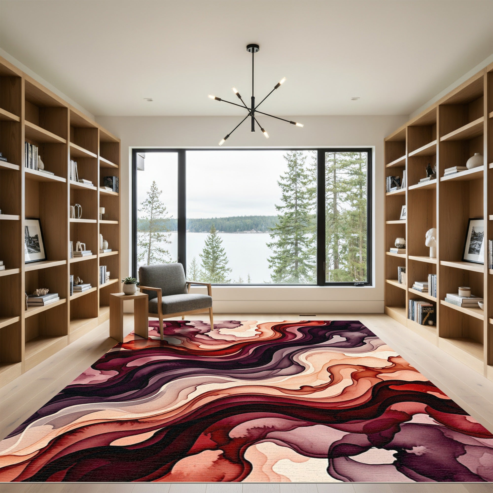 Fluid Crimson and Burgundy Abstract Swirl Rug