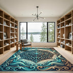 Ornate Teal and Gold Marine Compass Rug