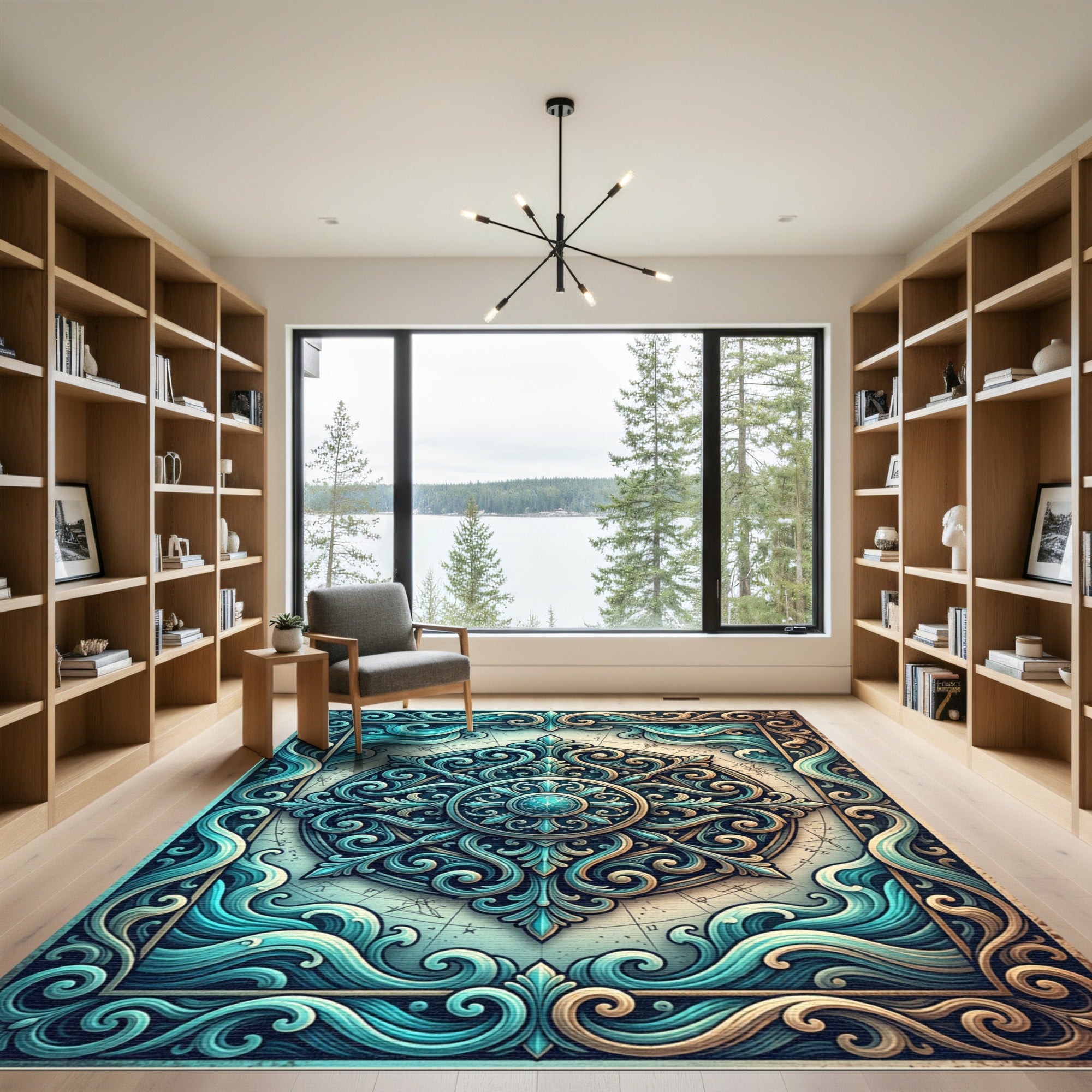 Ornate Teal and Gold Marine Compass Rug