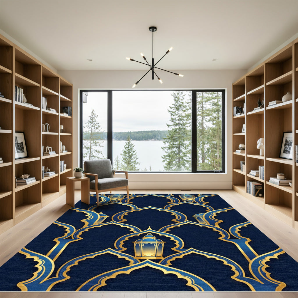 Elegant Navy Gold Arch Lantern Rug