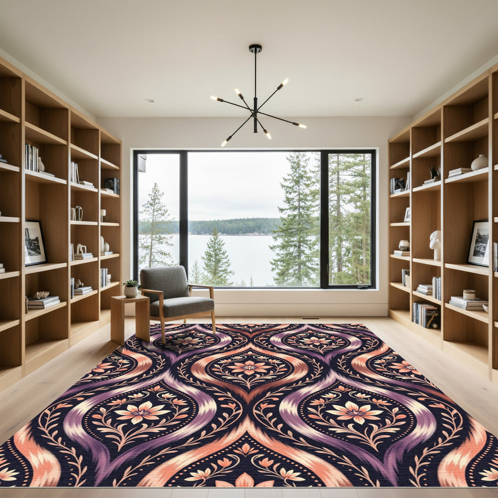 Purple Peach Ikat Floral Medallion Rug