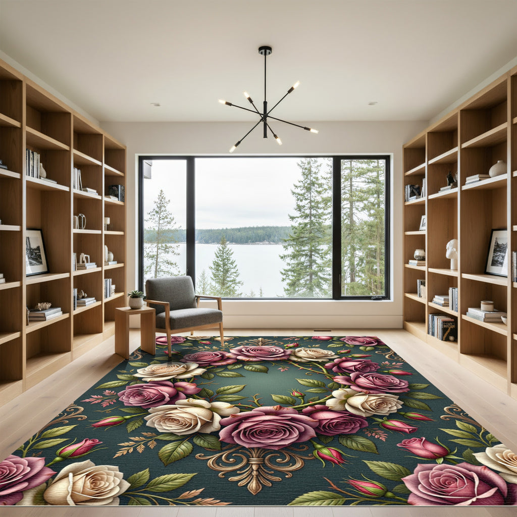 Elegant Dusty Rose Floral Wreath Rug