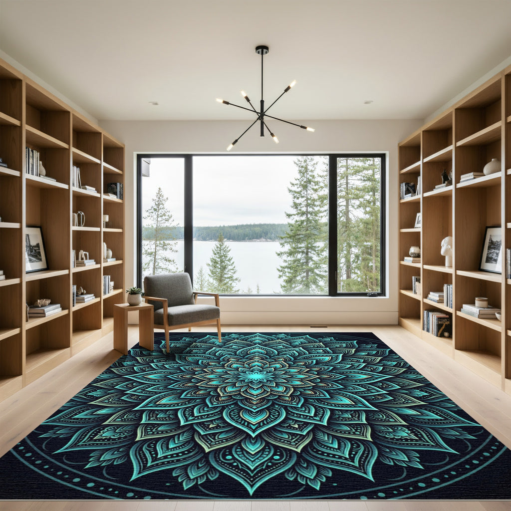 Radiant Teal Floral Mandala Medallion Rug